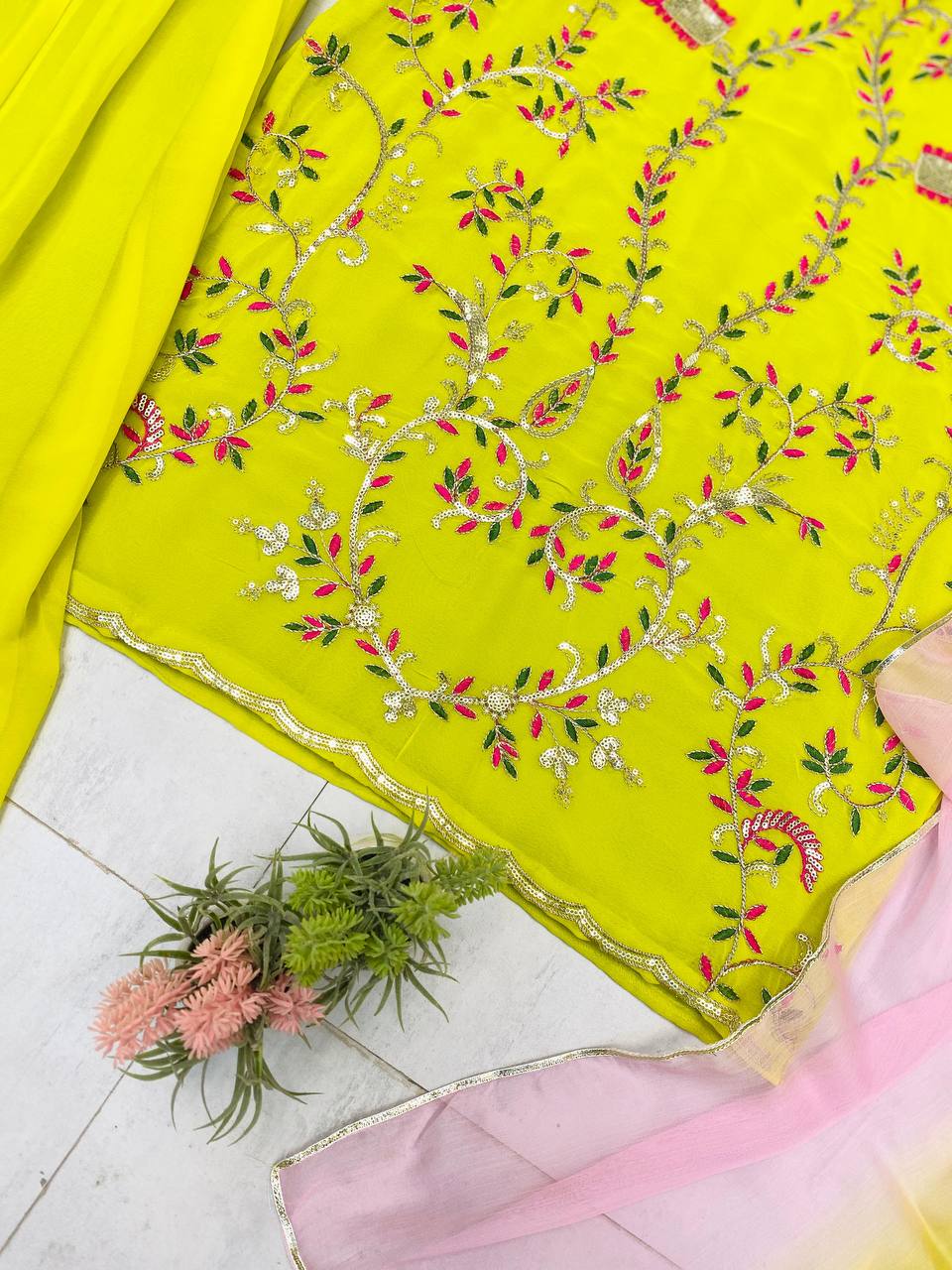Yellow Designer Georgette Embroidered Sharara Suit with Pink Dupatta