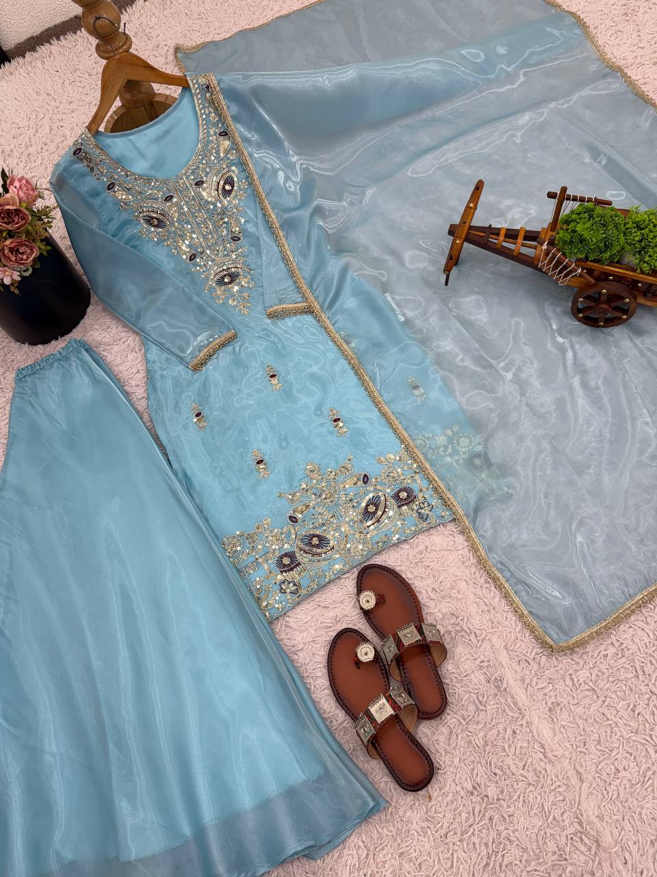 Aqua Blue Designer Pure Silky Silk Top Bottom and Dupatta For Party Wear