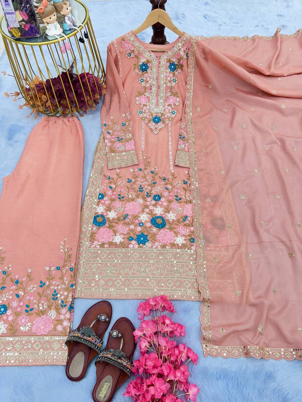 Baby Pink Chinon Silk Diamond Work Plazzo And Dupatta For Party Wear