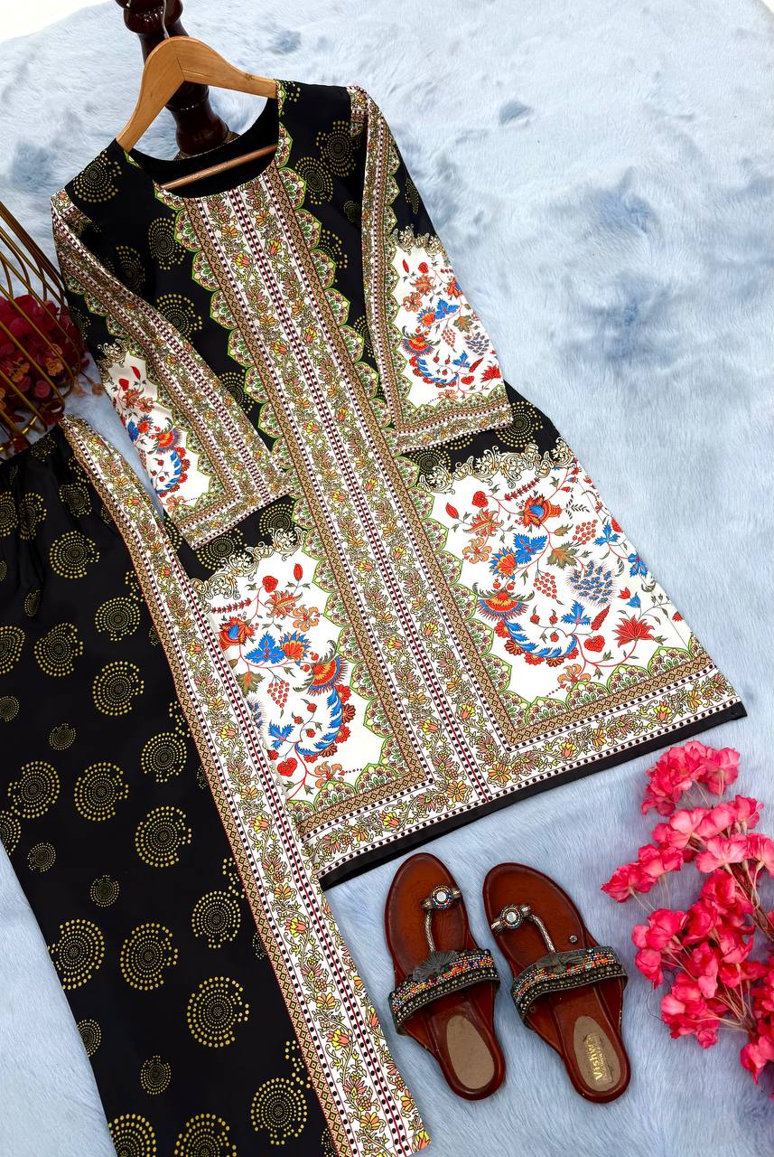 Balck and White Designer Natural Crepe Plazzo and Top For Party Wear