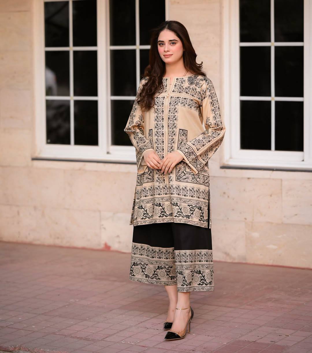 Beige Designer Natural Crepe Print Plazzo and Top For Party Wear