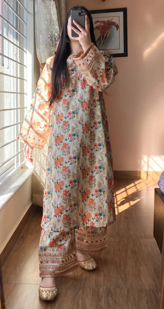 Beige Designer Roman Silk Embroidery Plazzo and Top For Party Wear