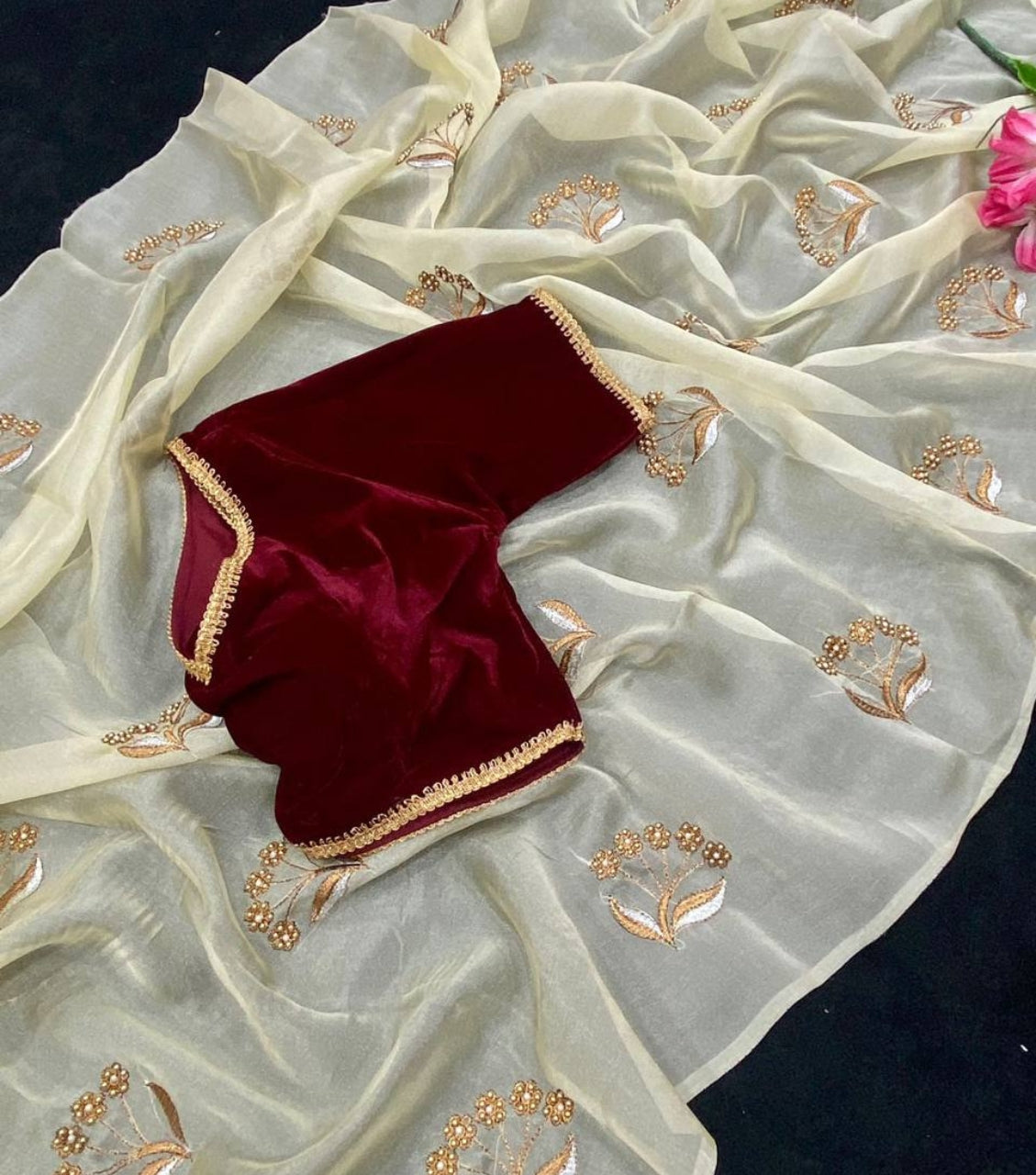Beige Embroidered Organza Saree with Velvet Contrast Blouse