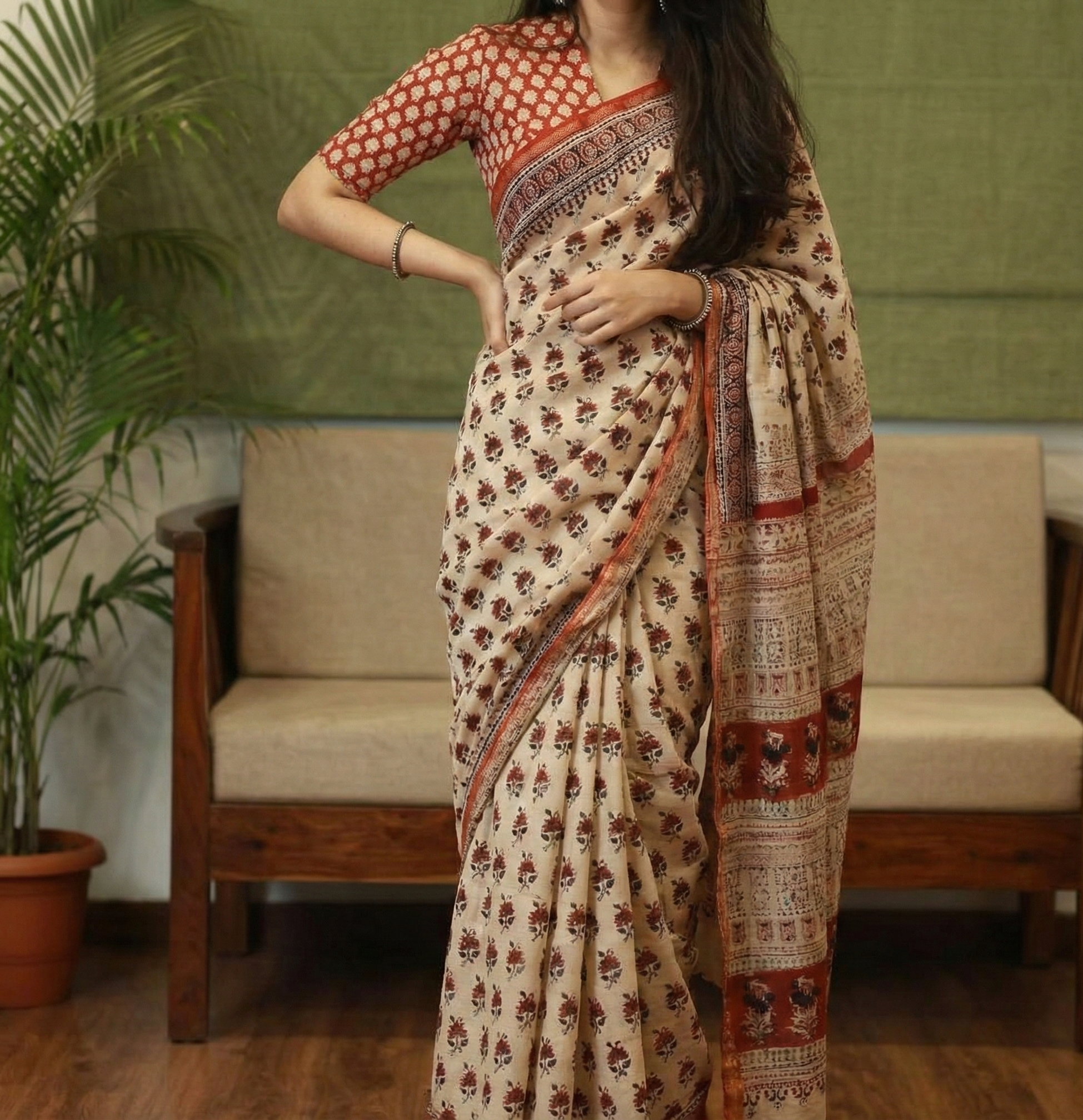 Beige Mulmul Cotton Digital Print Saree with Banglori Blouse