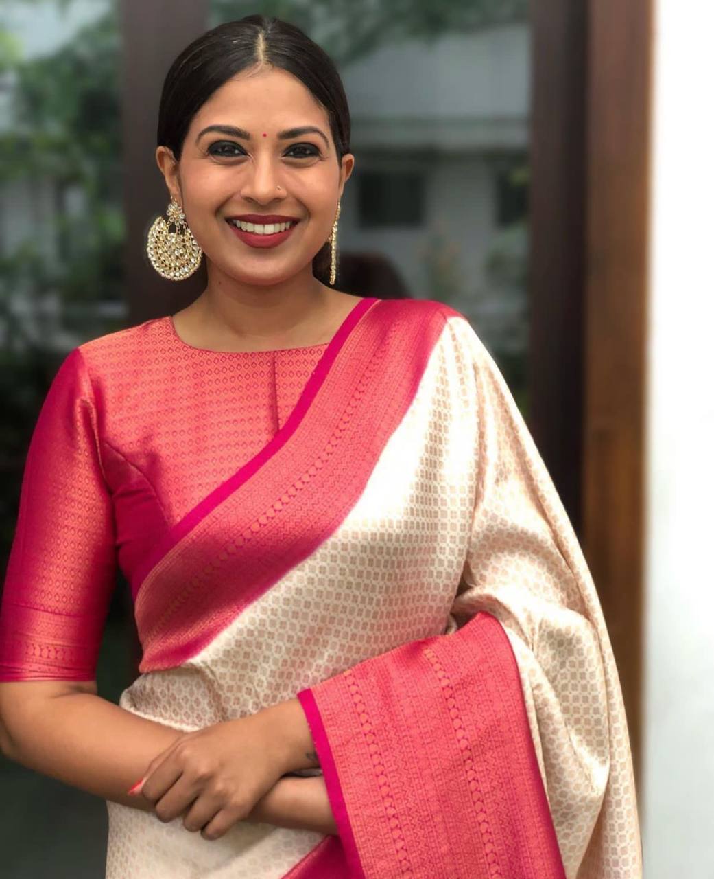 Beige Traditional Kanchipuram Saree with Fully Designer Woven Blouse