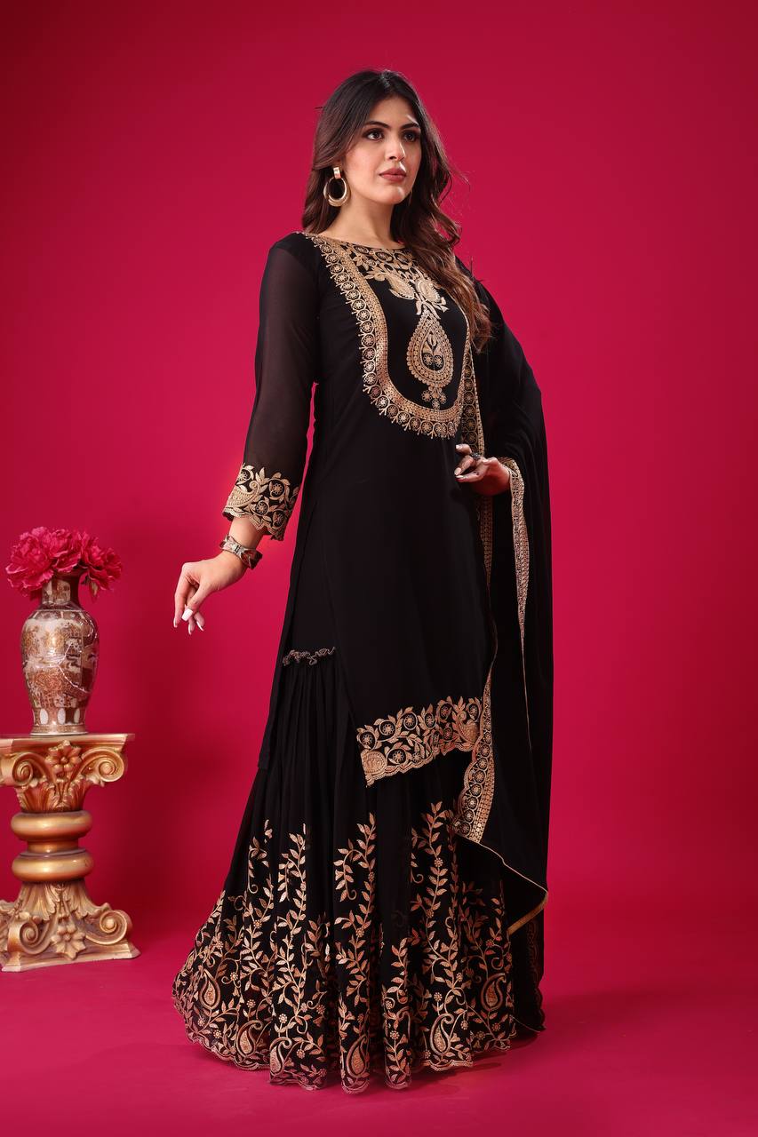 Black Designer Blooming Faux Georgette Palazzo Top and Dupatta