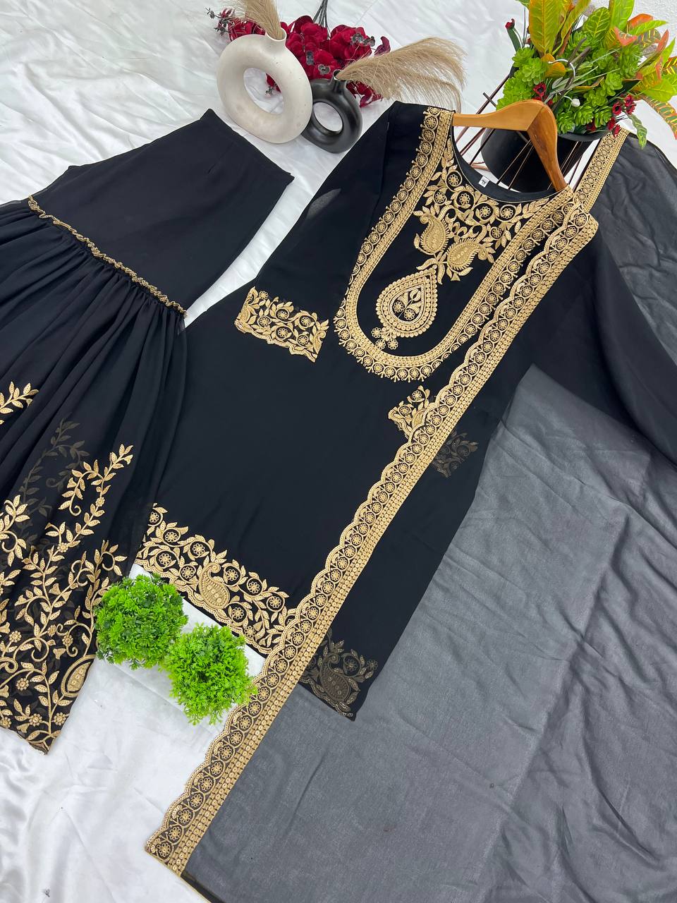 Black Designer Blooming Faux Georgette Palazzo Top and Dupatta