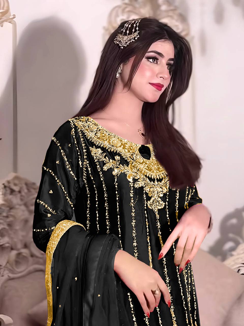 Black Designer Chinon Silk Plazzo Long Top and Dupatta For Party Wear