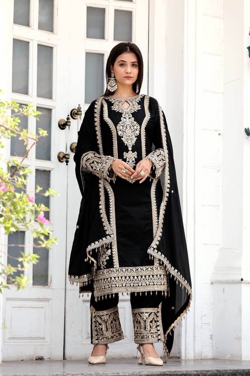 Black Designer Chinon Silk Plazzo Top and Dupatta For Party Wear