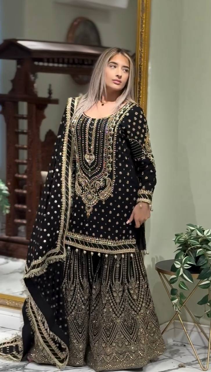 Black Designer Farshi Plazzo Top and Dupatta For Nikah Wear