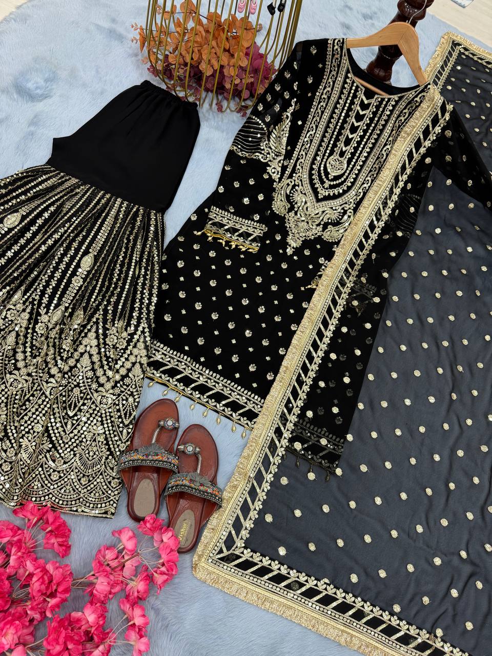 Black Designer Farshi Plazzo Top and Dupatta For Nikah Wear