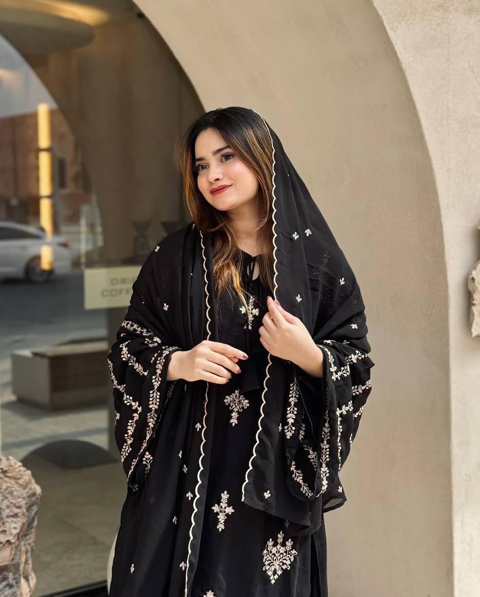 Black Designer Faux Georgette Long Top Plazzo and Dupatta For Party Wear