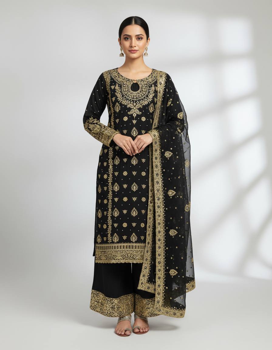 Black Designer Faux Georgette Palazzo Top and Dupatta For Party Wear