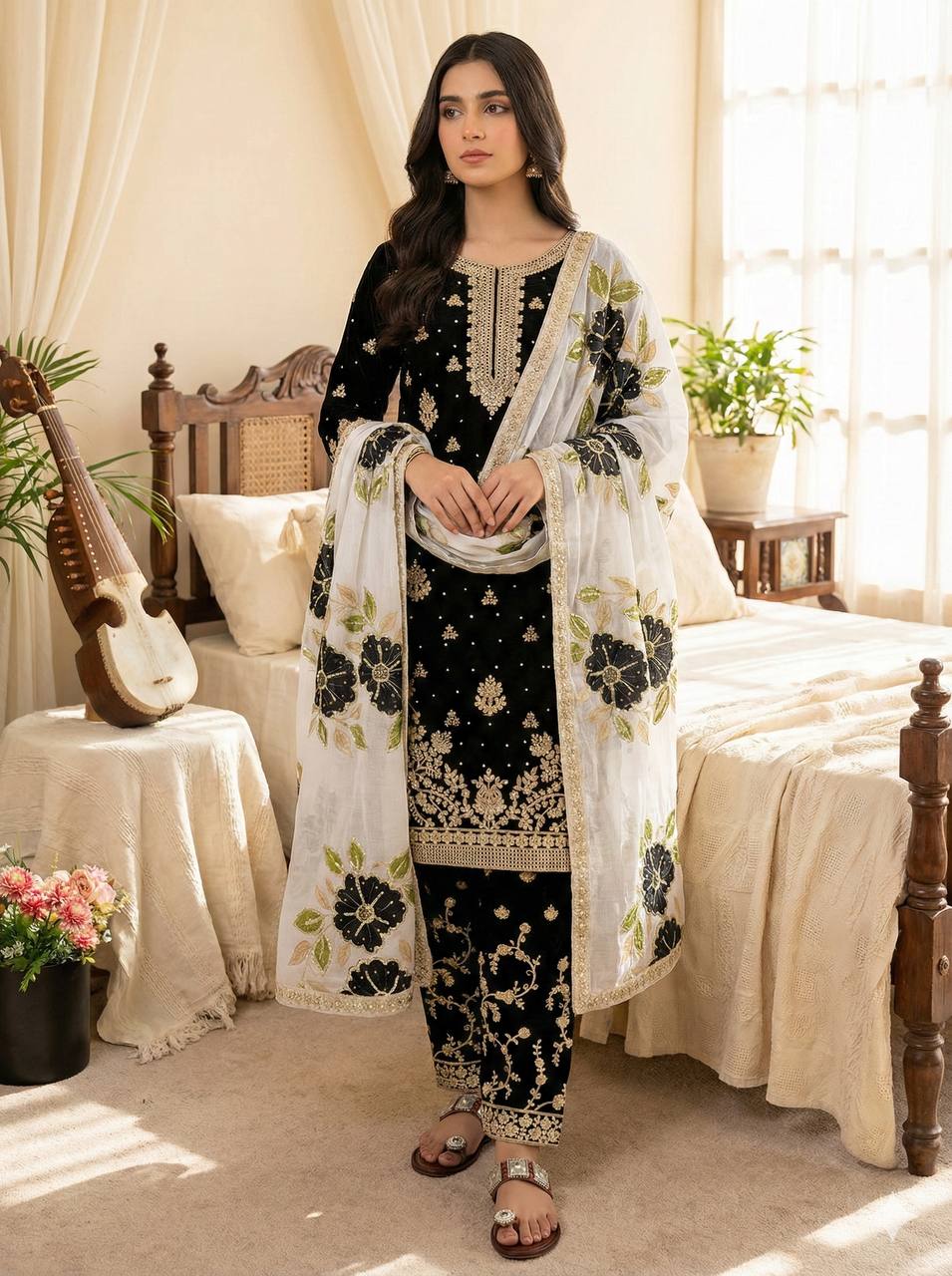 Black Designer GMY Silk Embroidery Plazzo Suit and Dupatta
