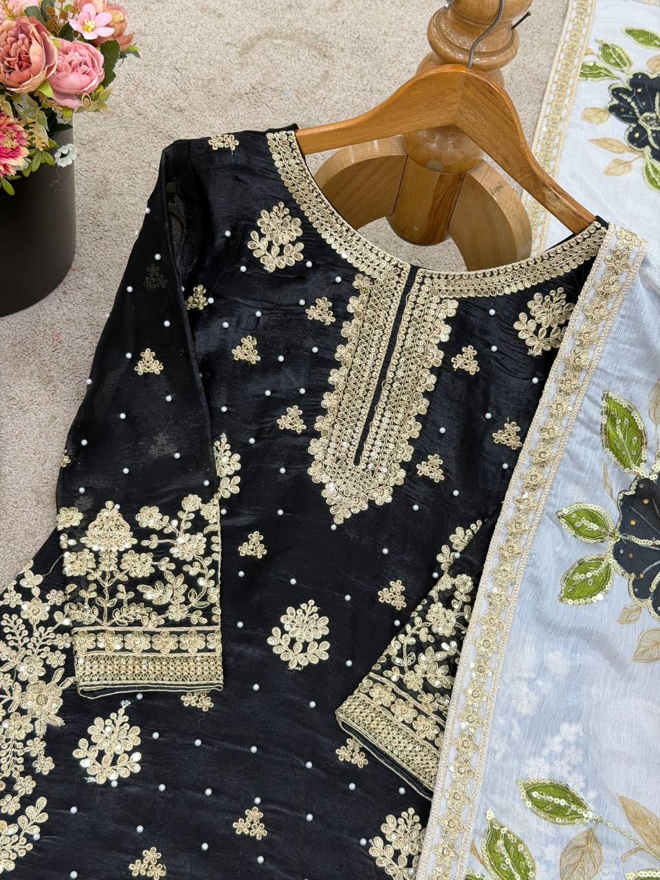 Black Designer GMY Silk Embroidery Plazzo Suit and Dupatta