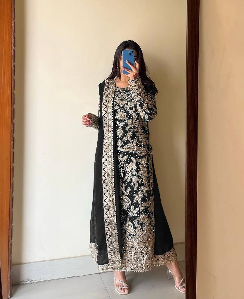 Black Designer Heavy Faux Georgette Plazzo Top and Dupatta Party Wear