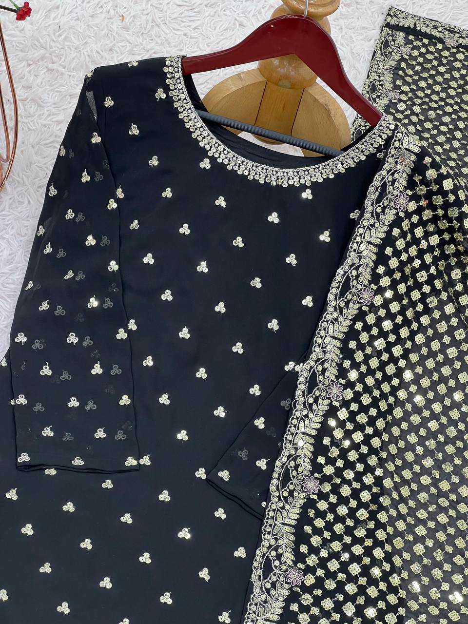 Black Designer Heavy Faux Georgette Sharara Plazzo Top and Dupatta