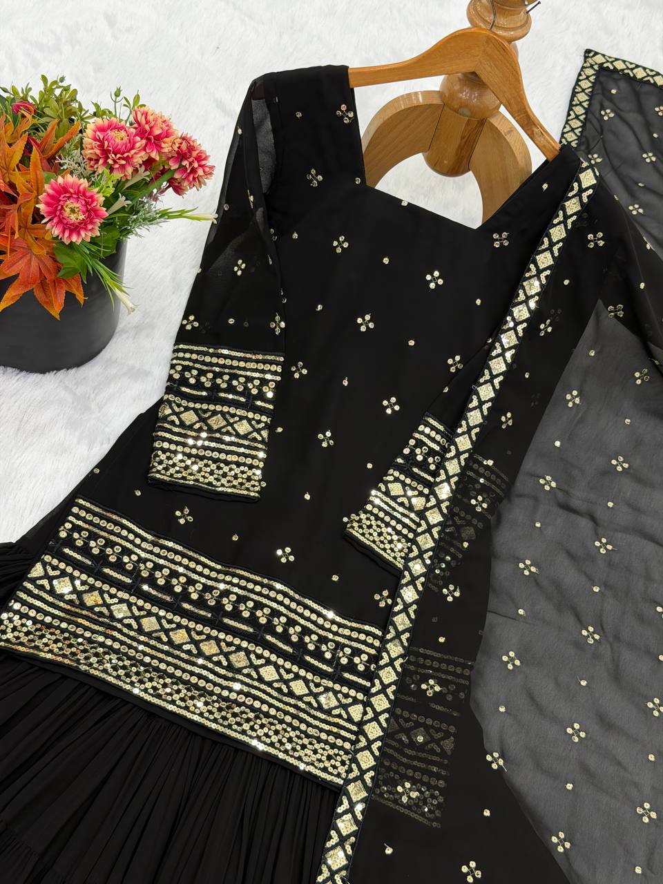 Black Designer Heavy Georgette Ruffle Sharara Suit and Dupatta