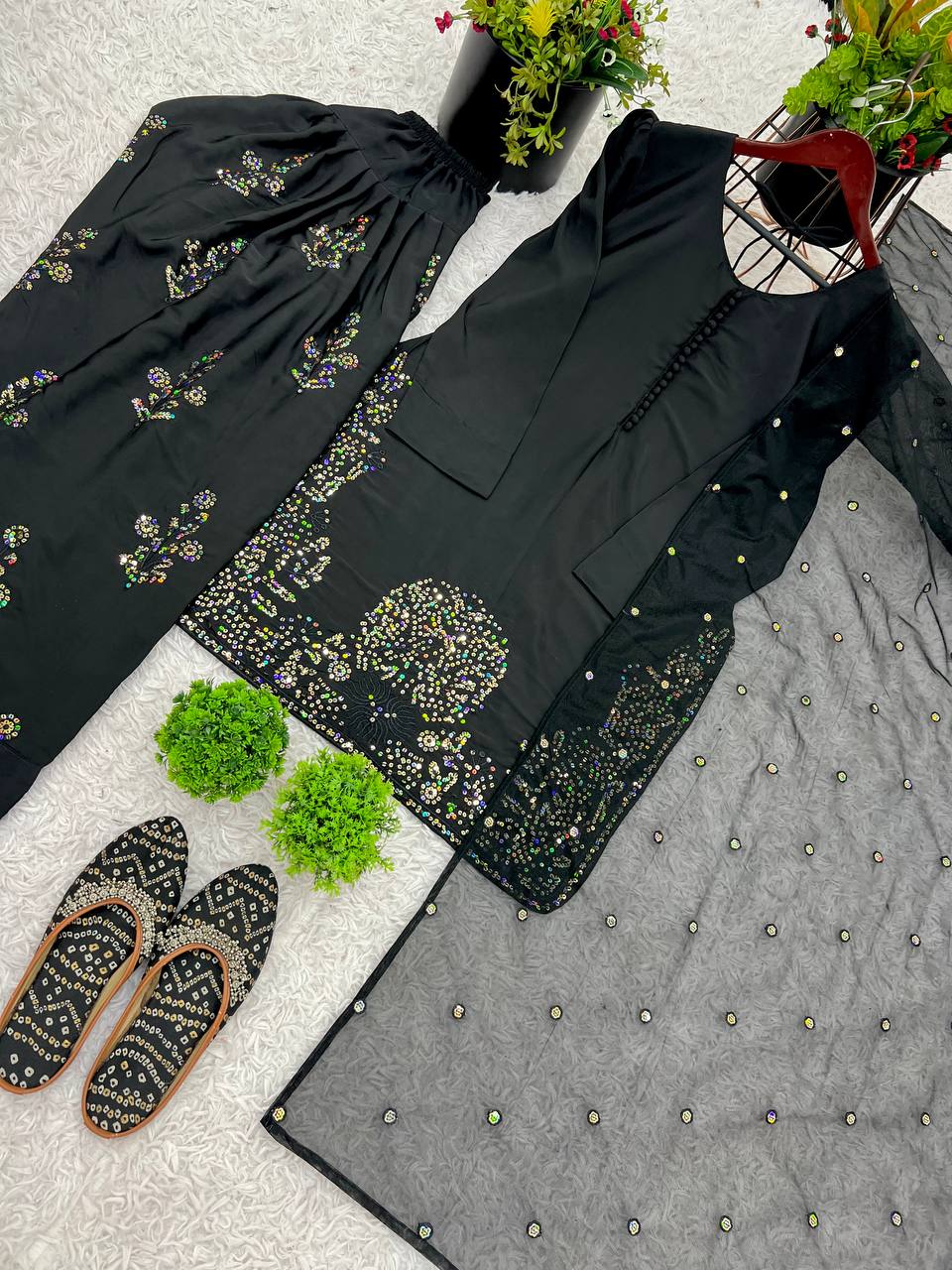 Black Designer Natural Crepe Silk Top Farshi Pant and Dupatta