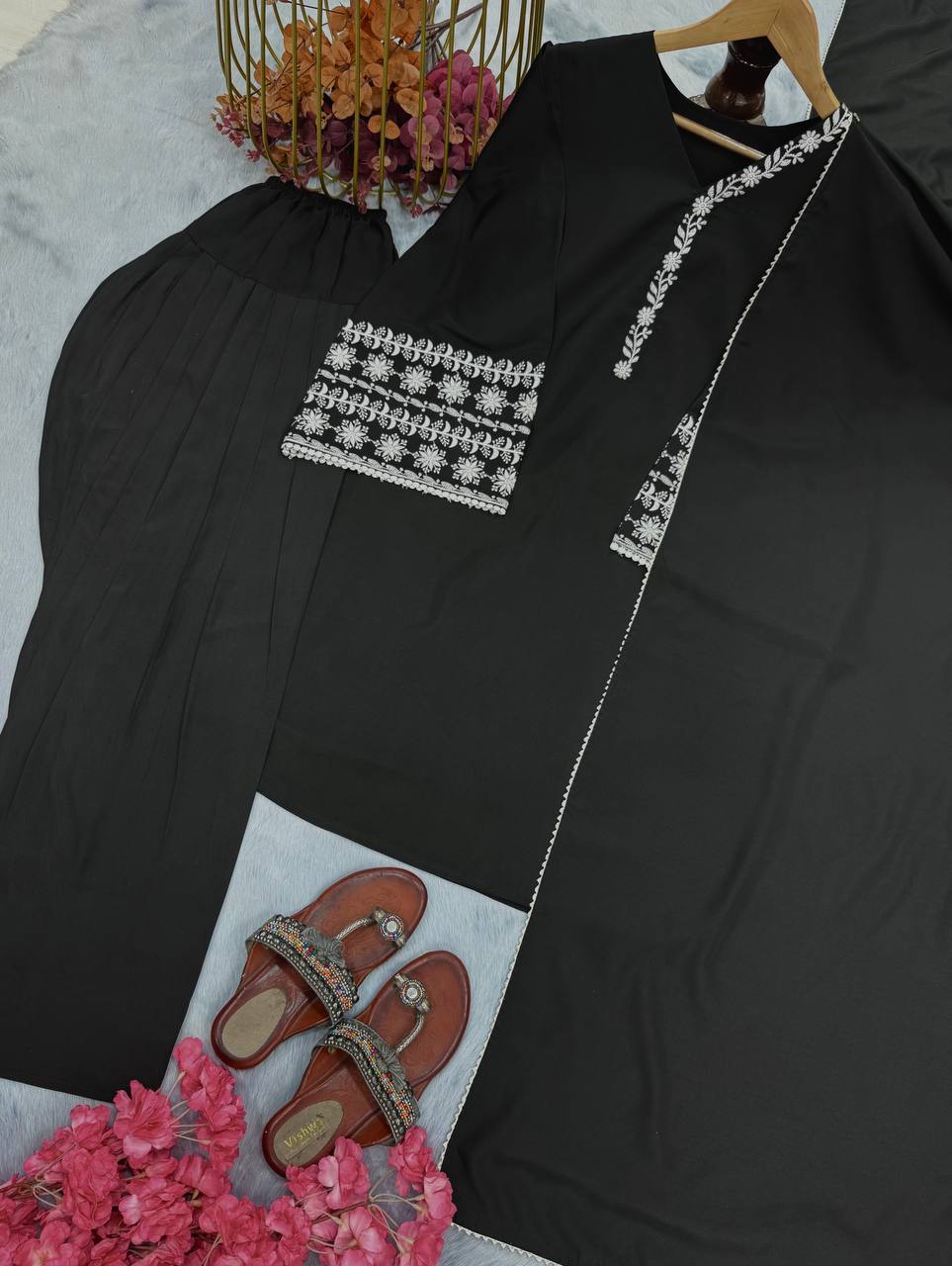 Black Designer Natural Satin Farshi Plazzo and Dupatta For Party Wear