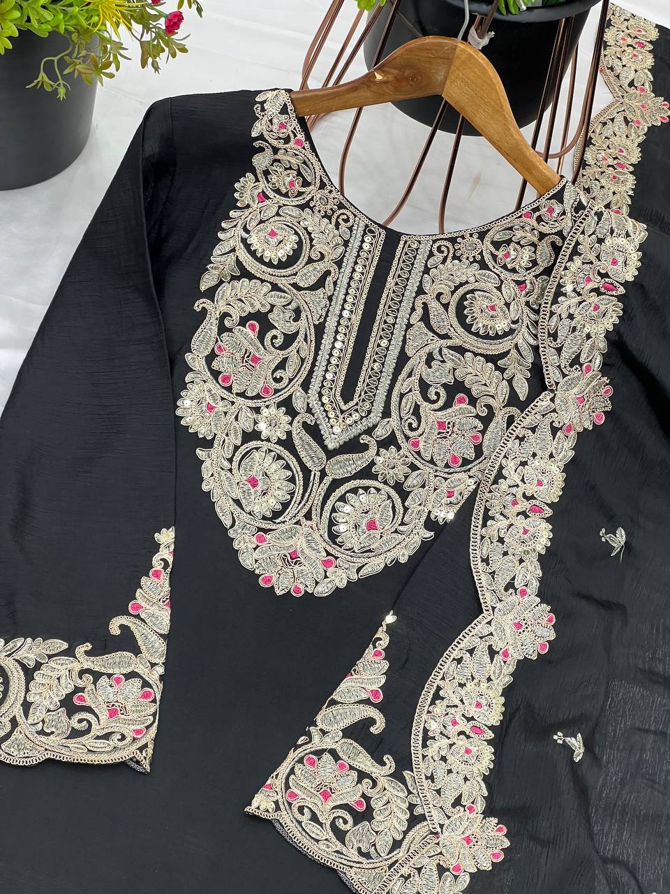 Black Designer Pure Chinnon Silk Dori Palazzo Top and Dupatta