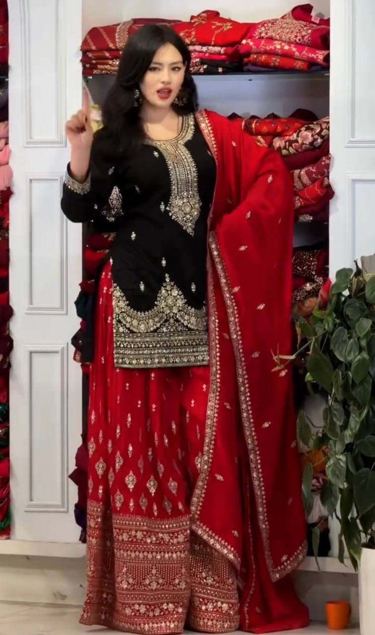 Black Designer Pure Chinon Silk Plazzo Top and Dupatta For Party Wear