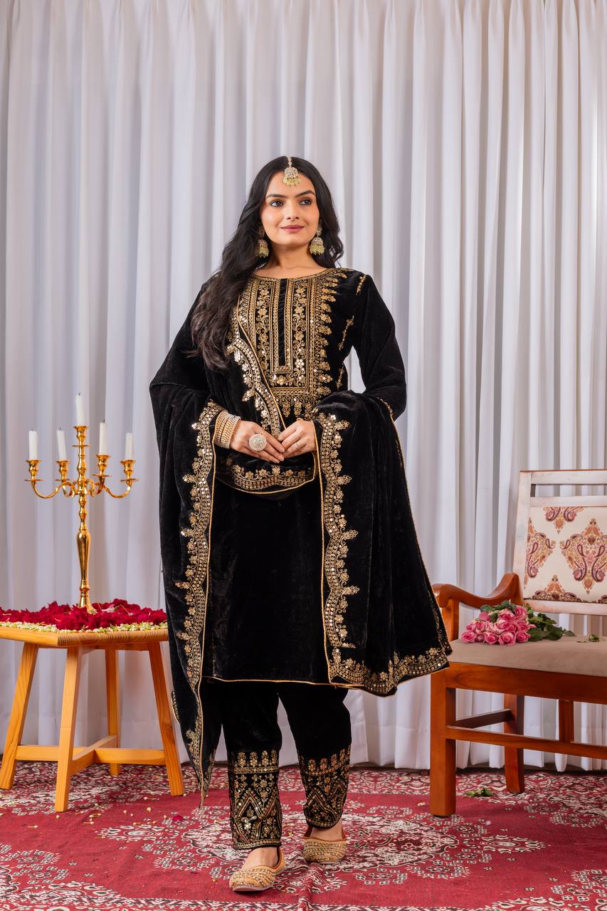Black Designer Viscose Velvet Bottom Top and Dupatta For Party Wear