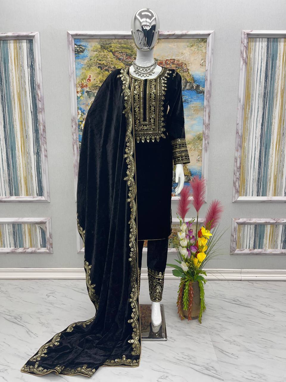 Black Designer Viscose Velvet Bottom Top and Dupatta For Party Wear