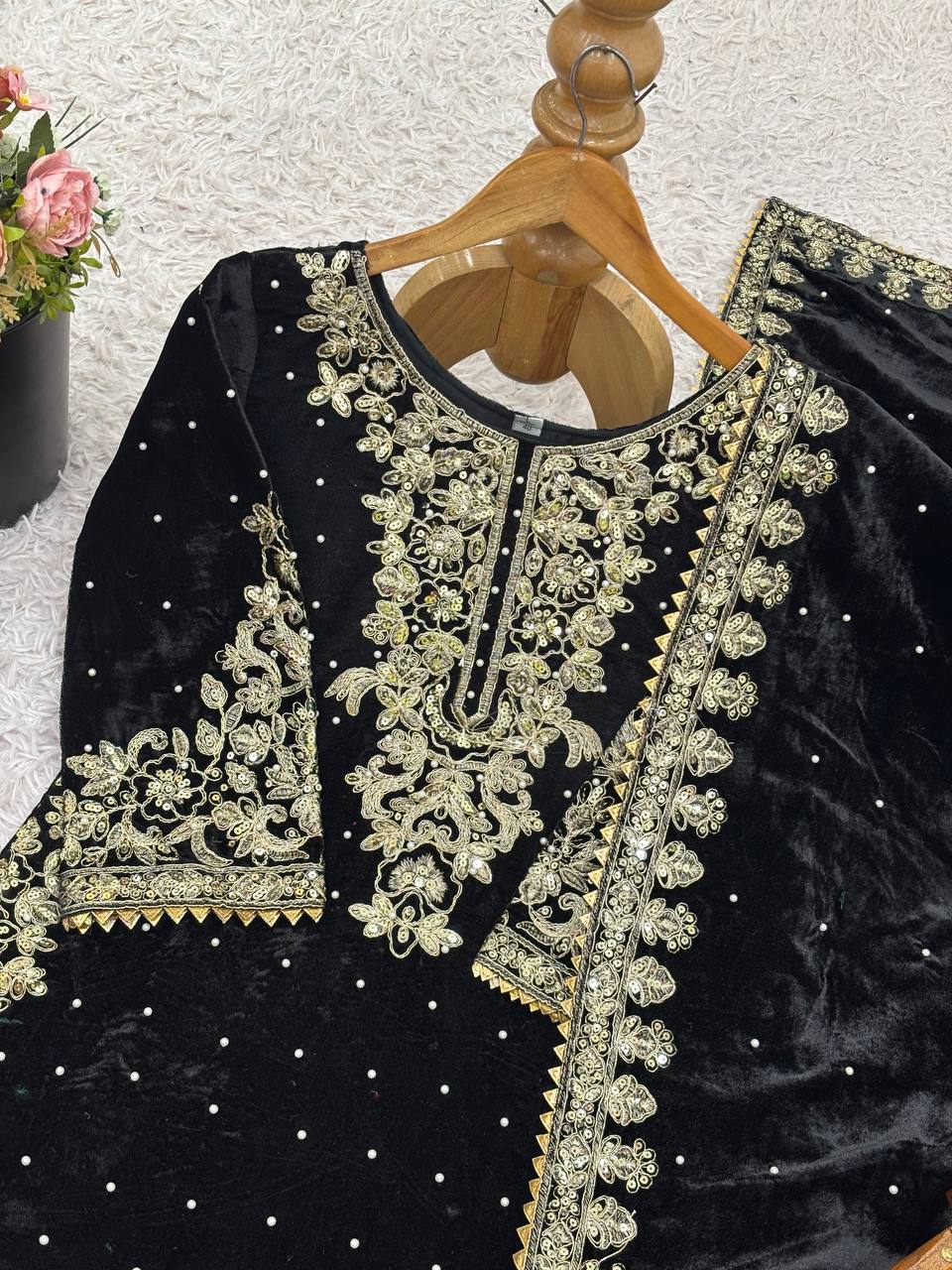 Black Designer Viscose Velvet Coding Top and Dupatta For Party Wear