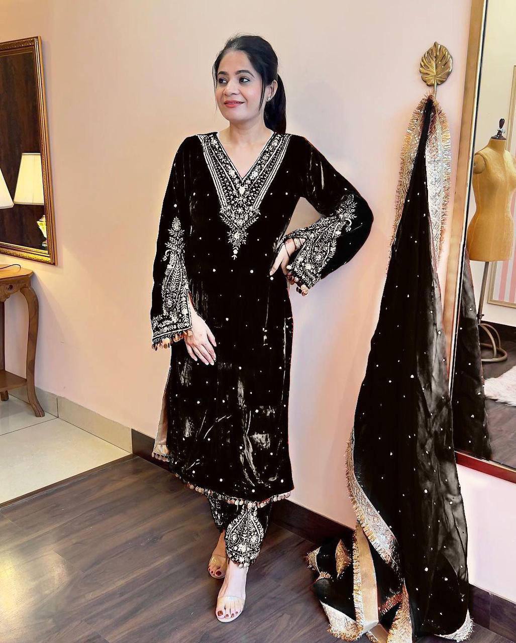 Black Designer Viscose Velvet Plazzo Top and Dupatta For Party Wear