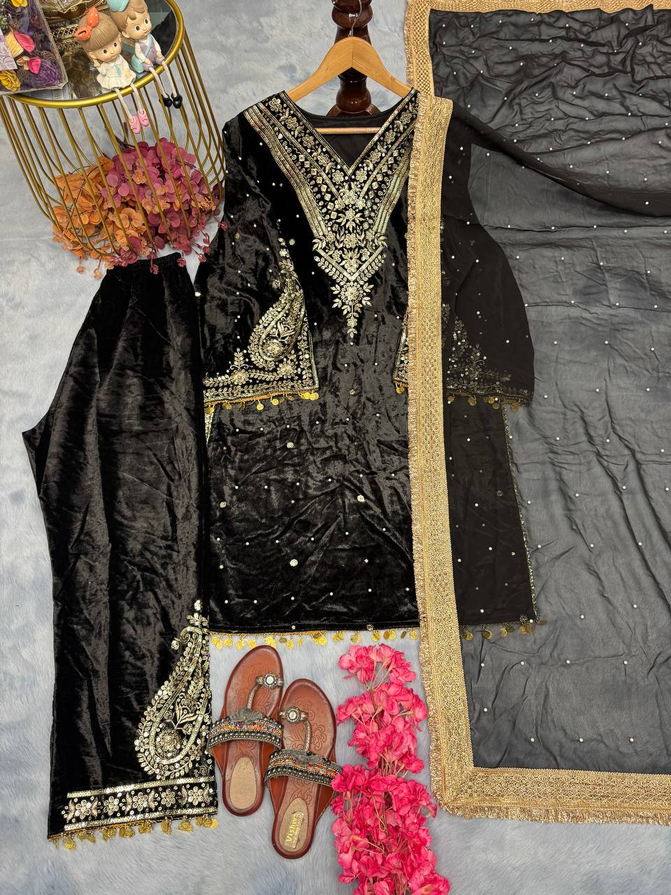 Black Designer Viscose Velvet Plazzo Top and Dupatta For Party Wear