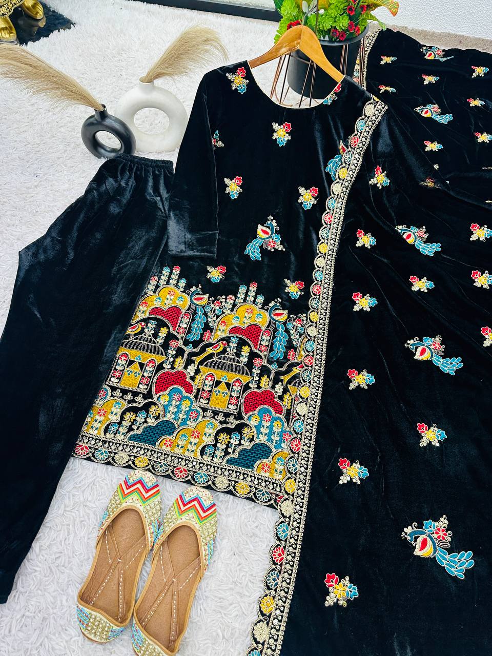 Black Designer Viscose Velvet Sharara Suit and Dupatta For Party Wear