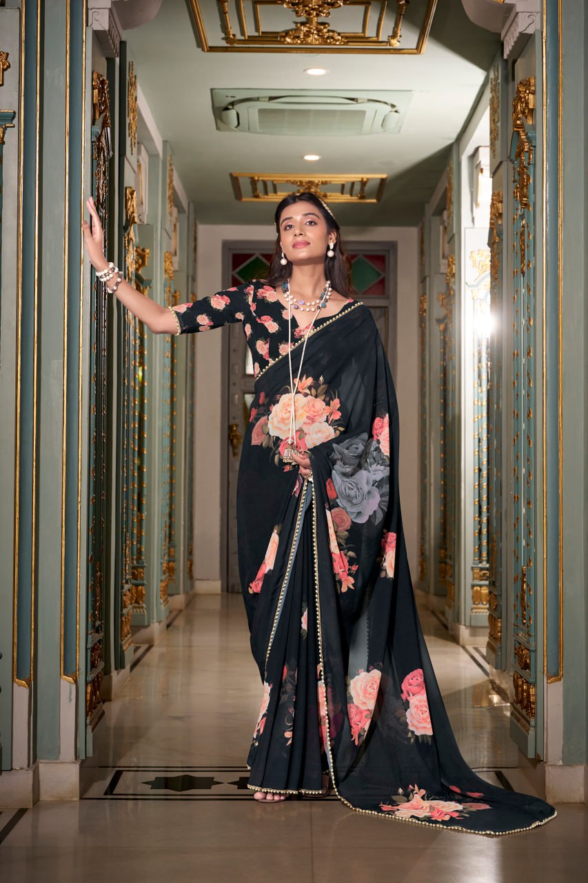Black Georgette Floral Print Saree with Pearl Lace Border