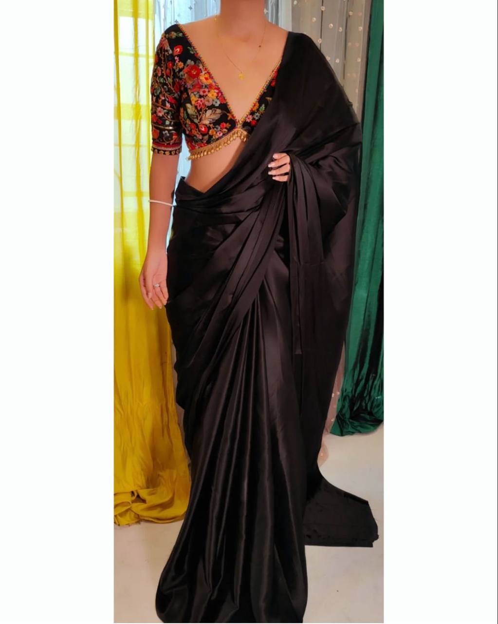 Black Luxury Smooth Satin Saree with Designer Embroidery Blouse