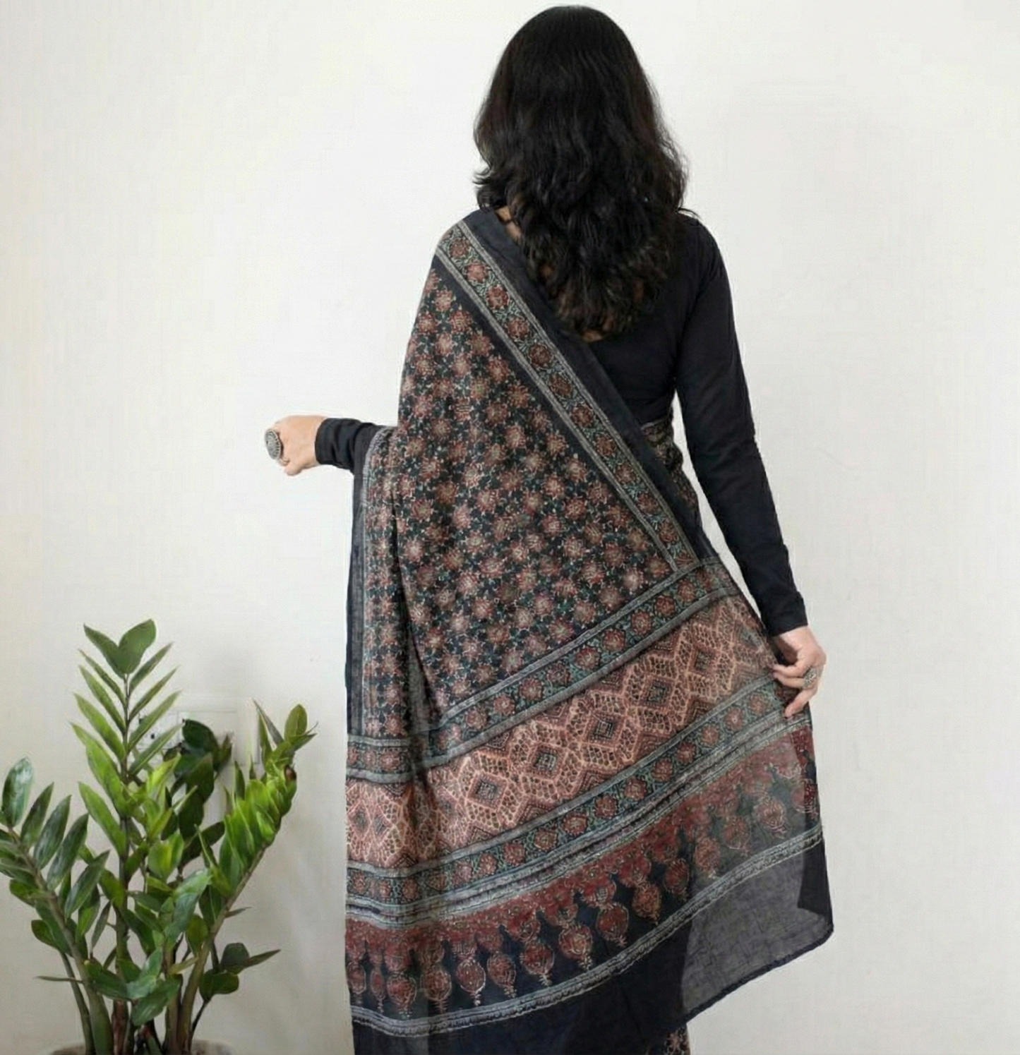 Black Mulmul Cotton Digital Print Saree with Banglori Blouse