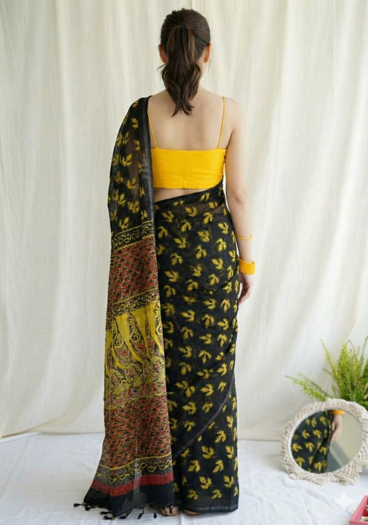 Black Mulmul Cotton Digital Print Saree with Yellow Mulmul Blouse
