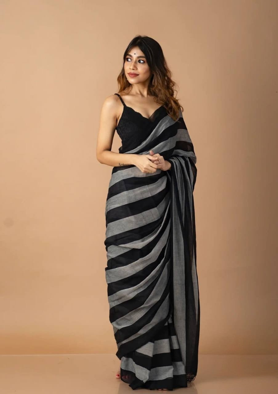 Black Mulmul Lightweight Cotton Digital Print Summer Saree