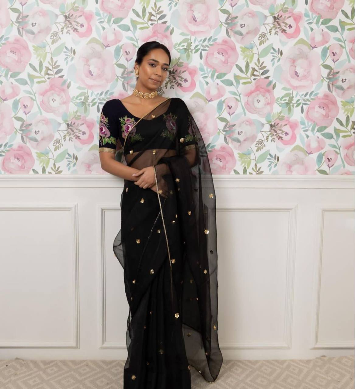 Black Pure Organza Saree with Designer Printed Handwork Blouse
