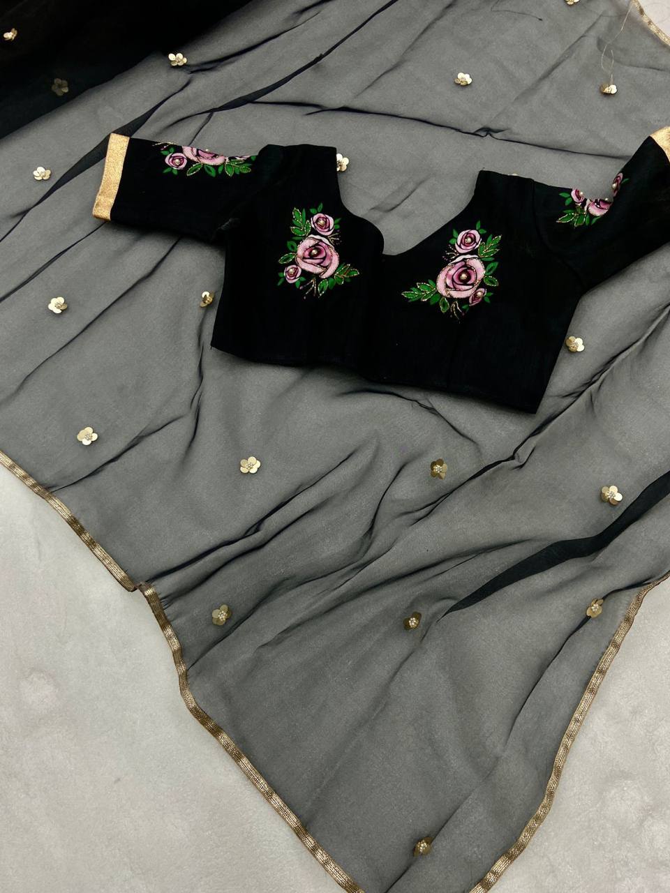 Black Pure Organza Saree with Designer Printed Handwork Blouse