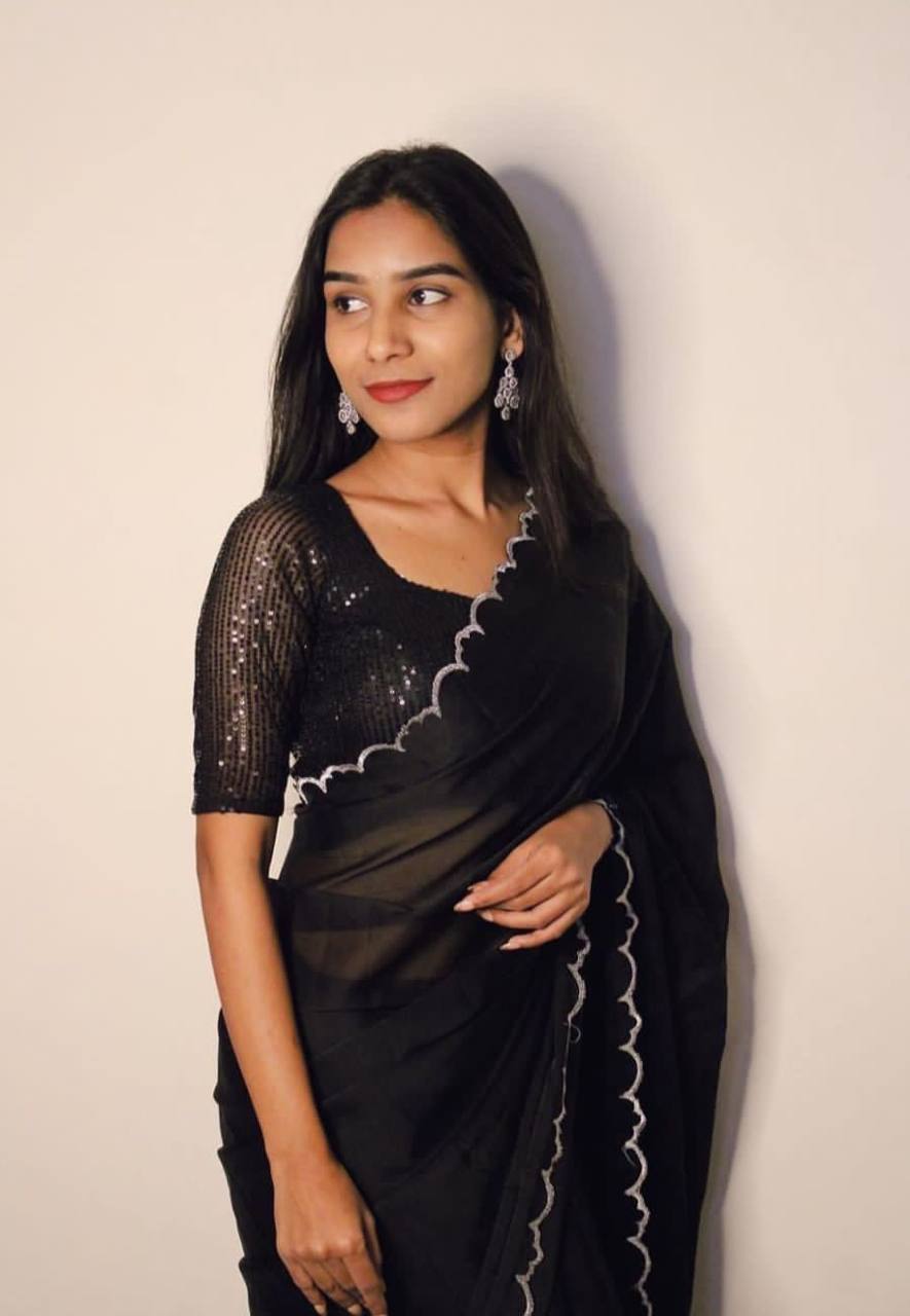 Black Rangoli Silk Saree with Aarko Border & Net Sequins Work Blouse