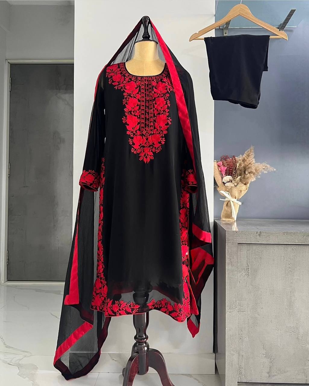 Black & Red Faux Georgette Long Plazzo Top and Dupatta For Party Wear