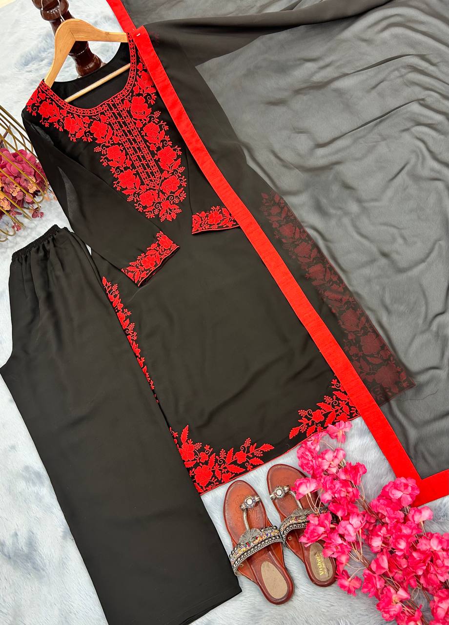 Black & Red Faux Georgette Long Plazzo Top and Dupatta For Party Wear