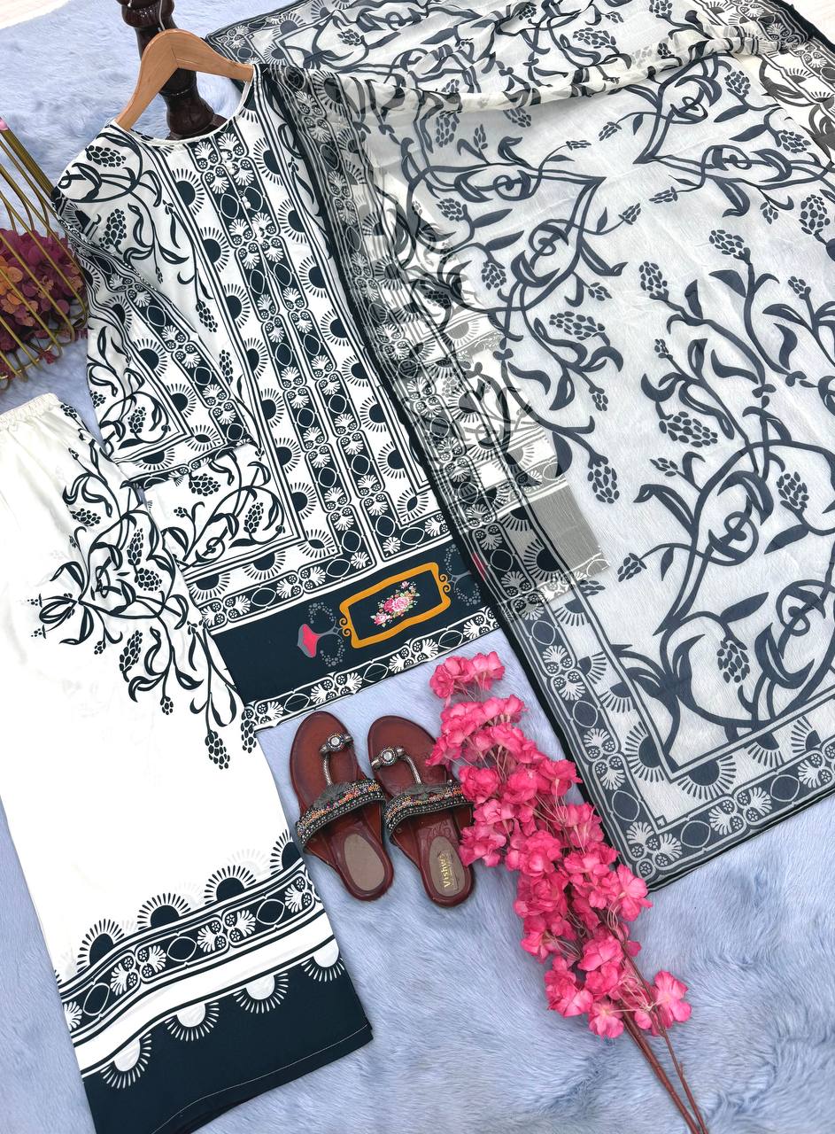 Black & white Designer Natural Crepe Print Plazzo Top and Dupatta