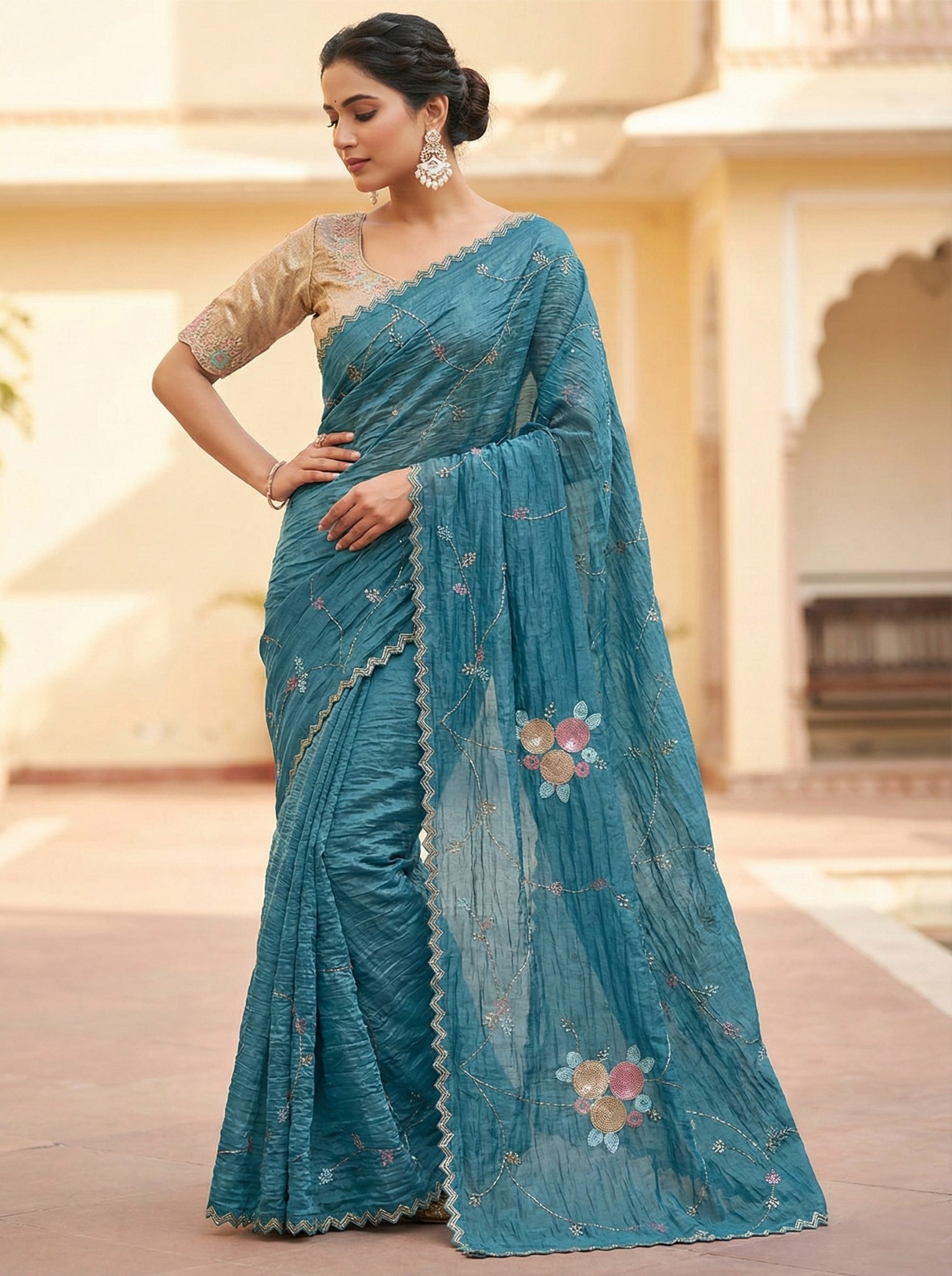 Blue Crush Saree with Round Sequin Embroidery and Zari Brocade Blouse