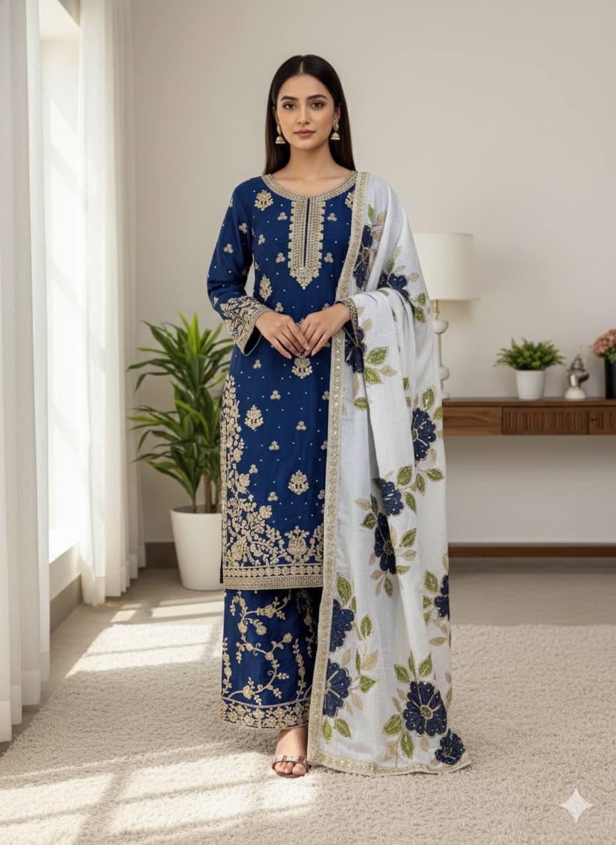Blue Designer GMY Silk Embroidery Plazzo Suit and Dupatta