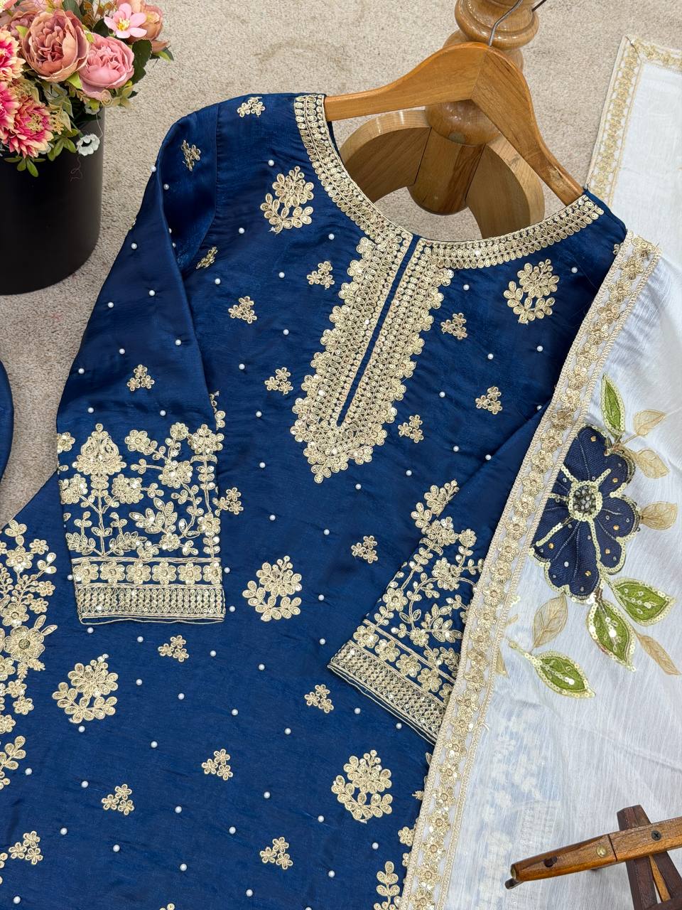 Blue Designer GMY Silk Embroidery Plazzo Suit and Dupatta