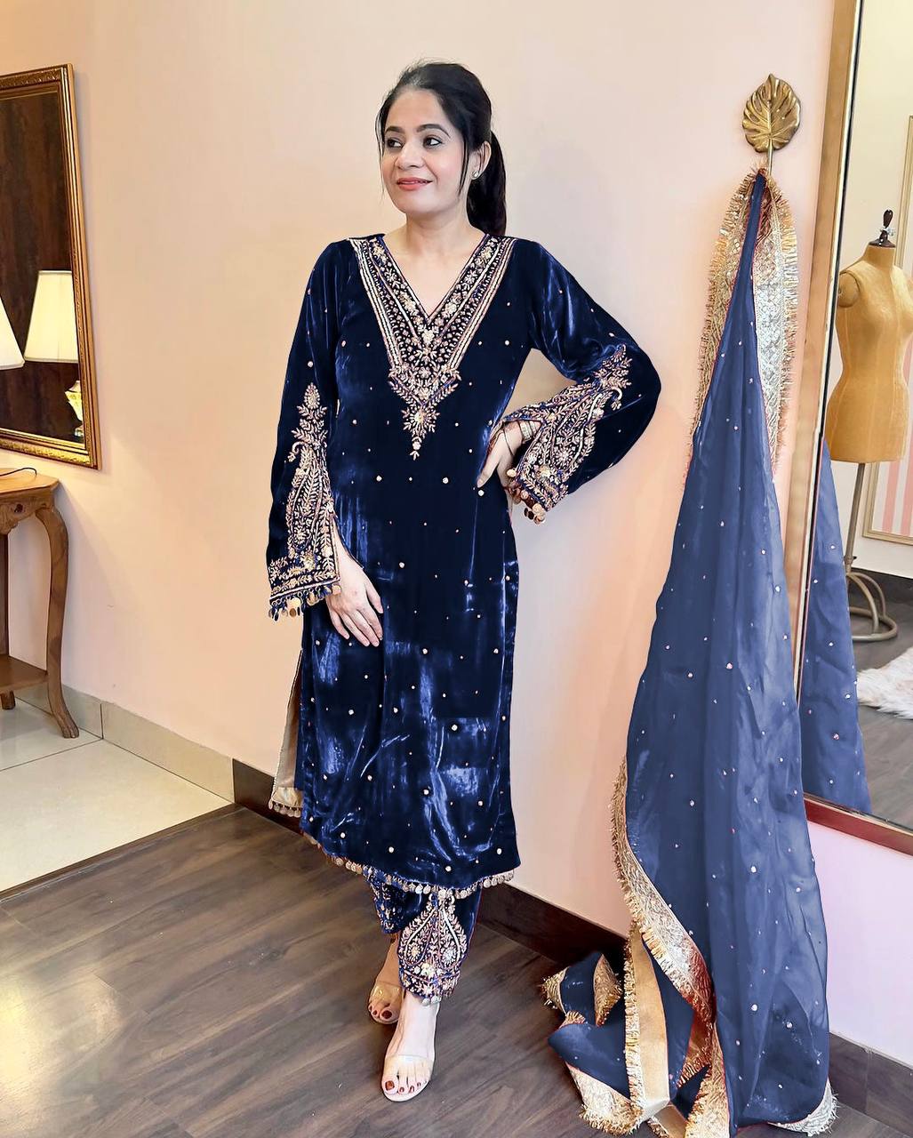 Blue Designer Viscose Velvet Plazzo Top and Dupatta For Party Wear
