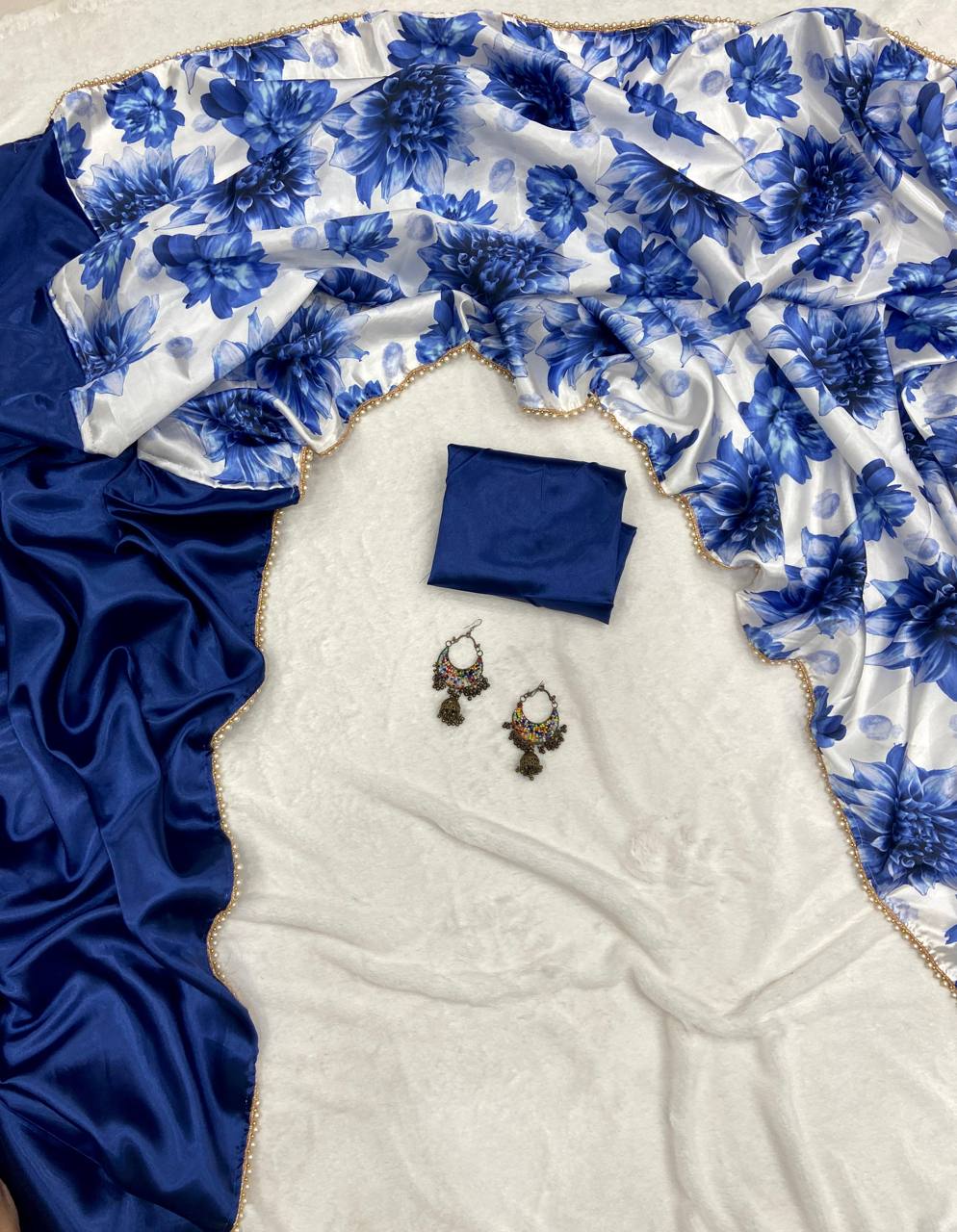 Blue Satin Half Half Saree with floral Print Pallu & Pearl Lace Border