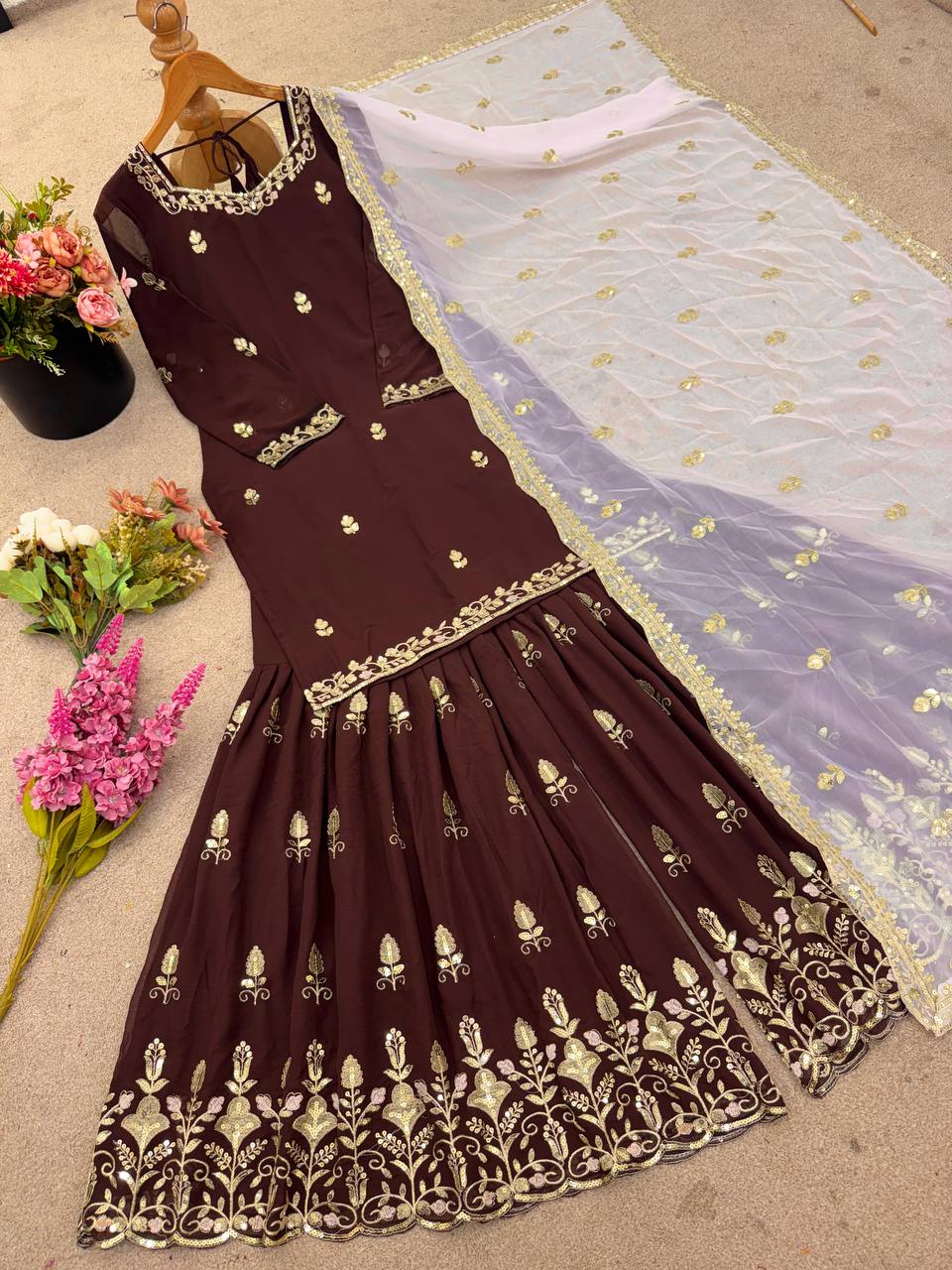 Brown Designer Faux Georgette Sharara Palazzo and Dupatta For Party Wear