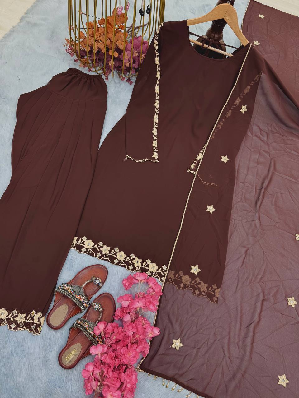 Brown Designer Georgette Farshi Plazzo Top and Dupatta For Party Wear